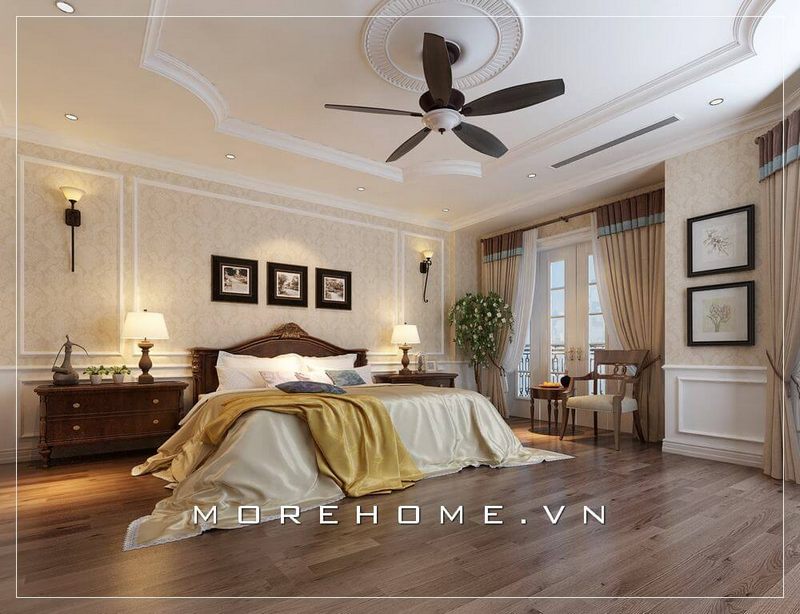 Thiết kế nội thất giường ngủ cao cấp phong cách tân cổ điển sang trọng, từng đường nét chạm khắc tinh tế vừa mang lại sự sang trọng, vừa mang lại sự hoài cổ phù hợp với phong cách người Việt